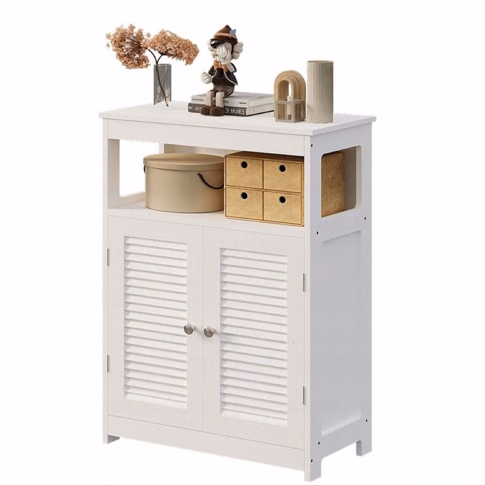 Comodino da bagno con ripiano, 2 ante, da appoggio, stile loft scandinavo, bianco