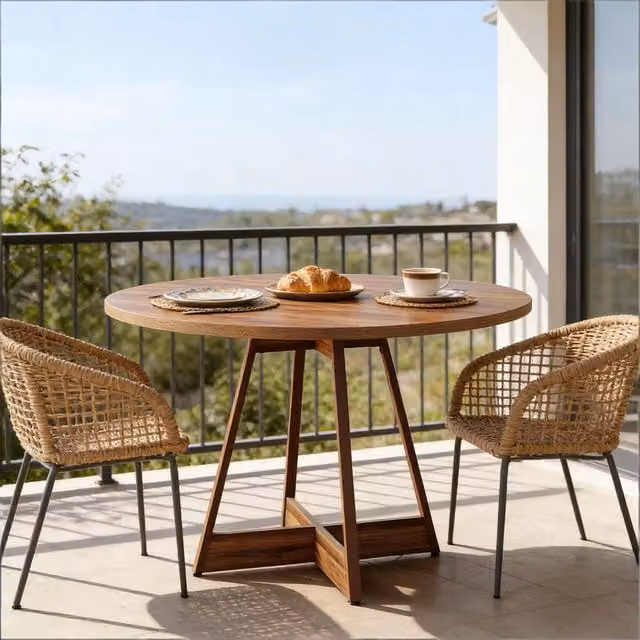 Tavolo da pranzo rotondo OKWISH in MDF marrone con base a colonna centrale, stile casa di campagna, Diametro: 100 cm