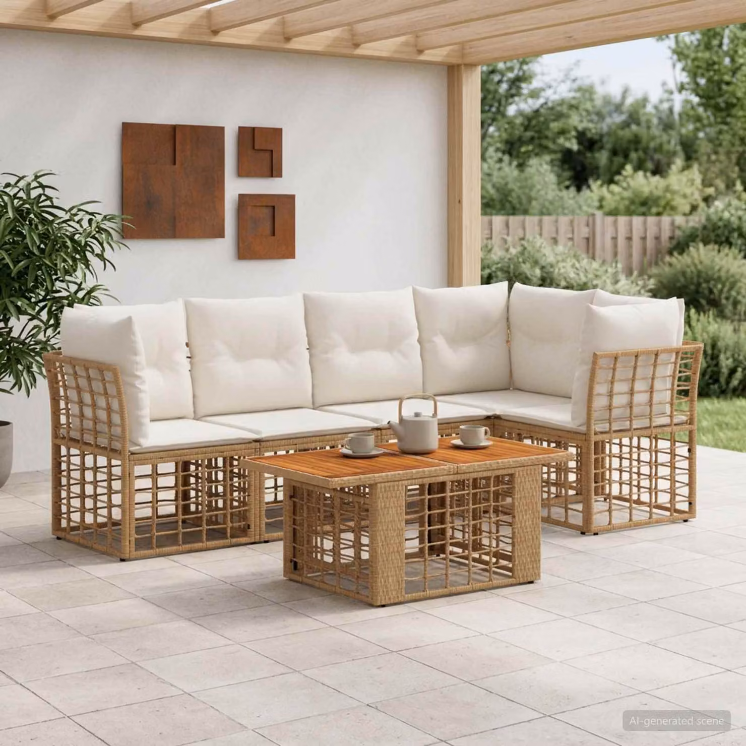 Set Divano da Giardino vidaXL 6 pz in Polyrattan con Tavolino e Cuscini, Design Moderno a L, Colore Naturale e Bianco Crema