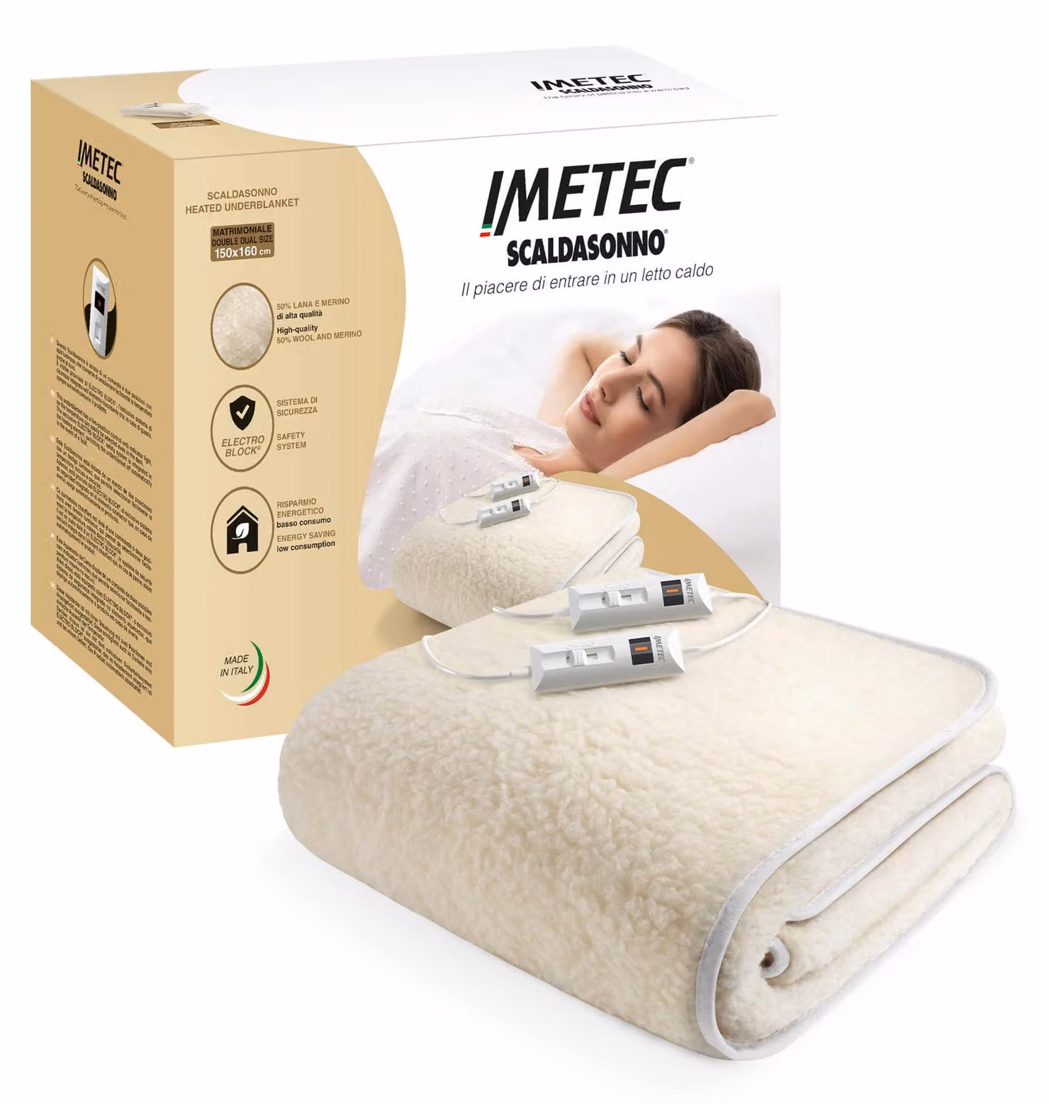 Coperta elettrica, 150x160 cm, in Lana, con 2 livelli di temperatura