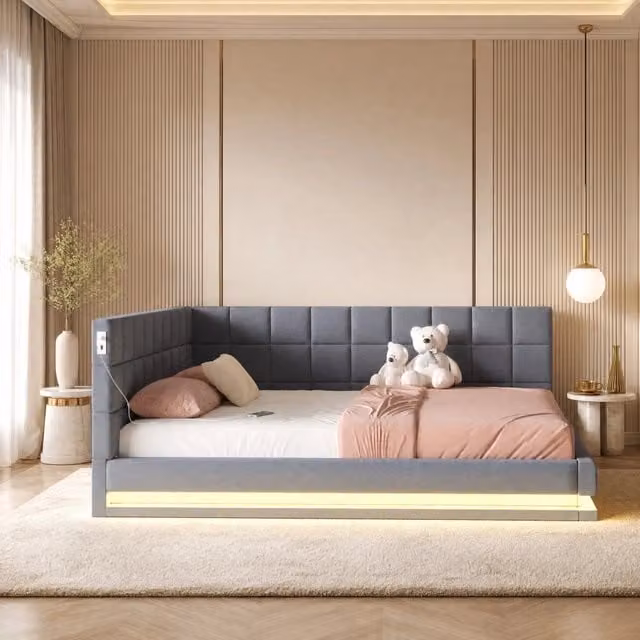 Divano letto imbottito con LED multicolore e USB; per materasso 160 x 200 cm; lino grigio
