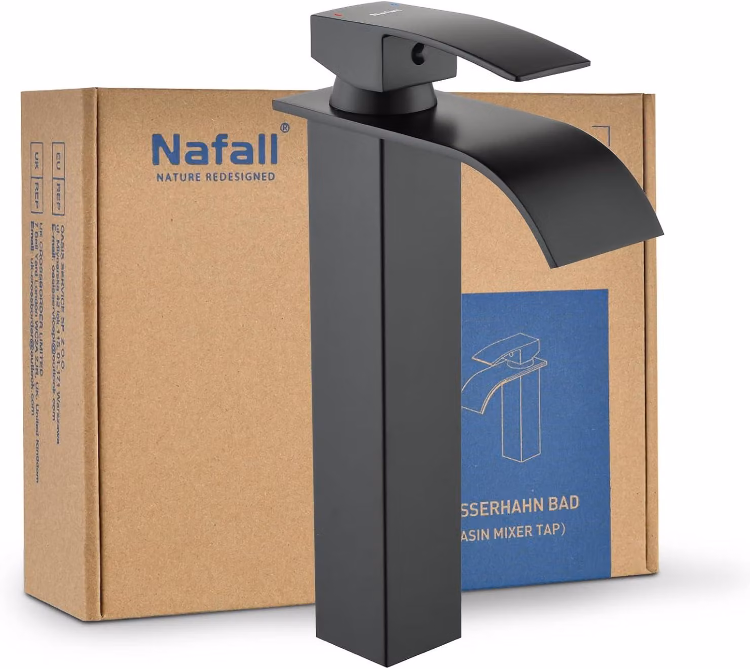 Miscelatore monocomando nero, 20 cm, con erogatore a cascata, per lavabo, in acciaio inossidabile