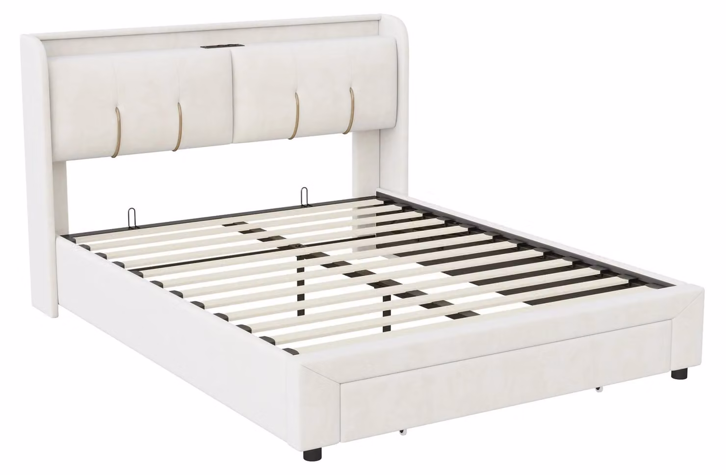 Letto imbottito con contenitore - Letto matrimoniale - 140 x 200 cm - Rivestimento in velluto - Testiera LED con prese USB - Struttura a listelli - Bianco crema