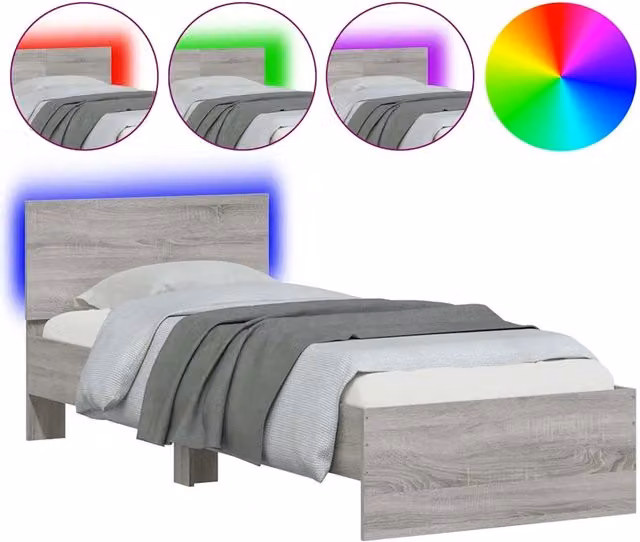 Letto singolo moderno Sonoma Grigio con testiera, illuminazione LED sottostante e porta di ricarica USB, L/P: 90 x 190 cm