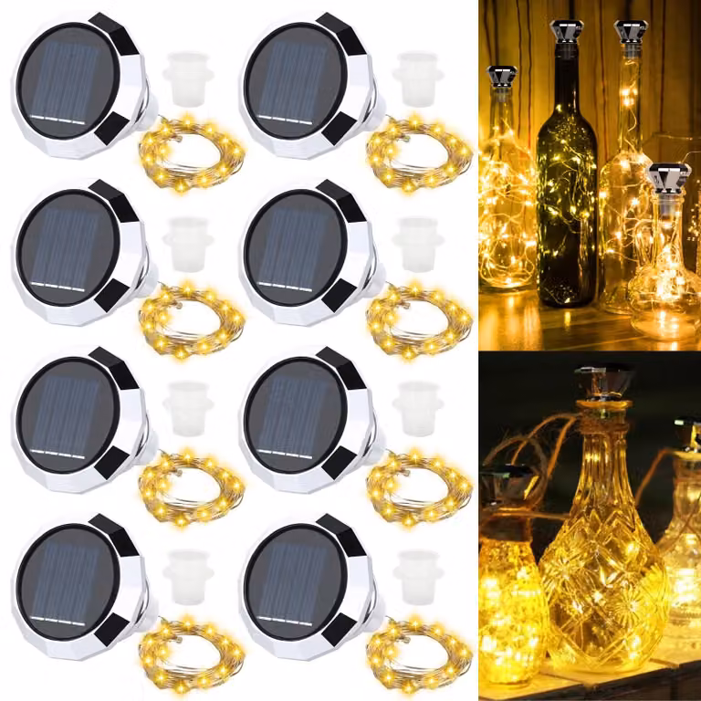 Luci solari per bottiglie, set da 8 pezzi, lunghezza 2 metri, 20 LED, luce bianco caldo, adatte per bottiglie
