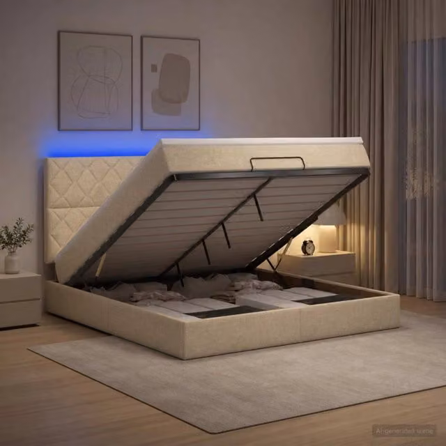 Letto Ottomano con Materasso Ibrido e Illuminazione LED vidaXL, Colore Beige e Bianco, L/P/H: 180 x 200 x 88 cm