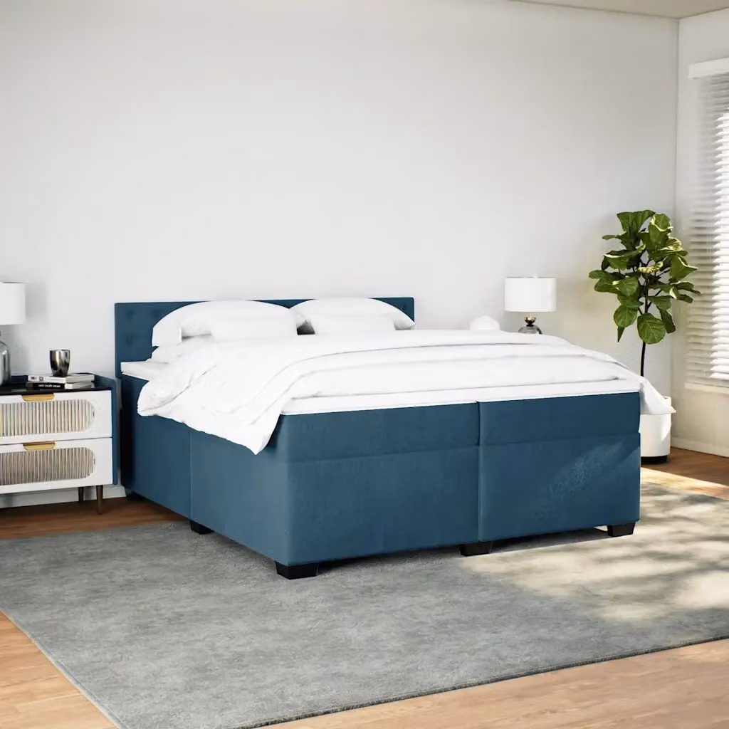 Letto Ibrido vidaXL con Giroletto a Molle e Materasso in Velluto Blu e Bianco, Struttura in Legno di Pino, 200 x 200 cm – 2