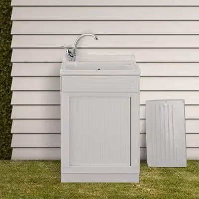 Mobile lavatoio bianco con serranda, vasca e asse strofinatoio, L: 45 cm, P: 60 cm, H: 87 cm