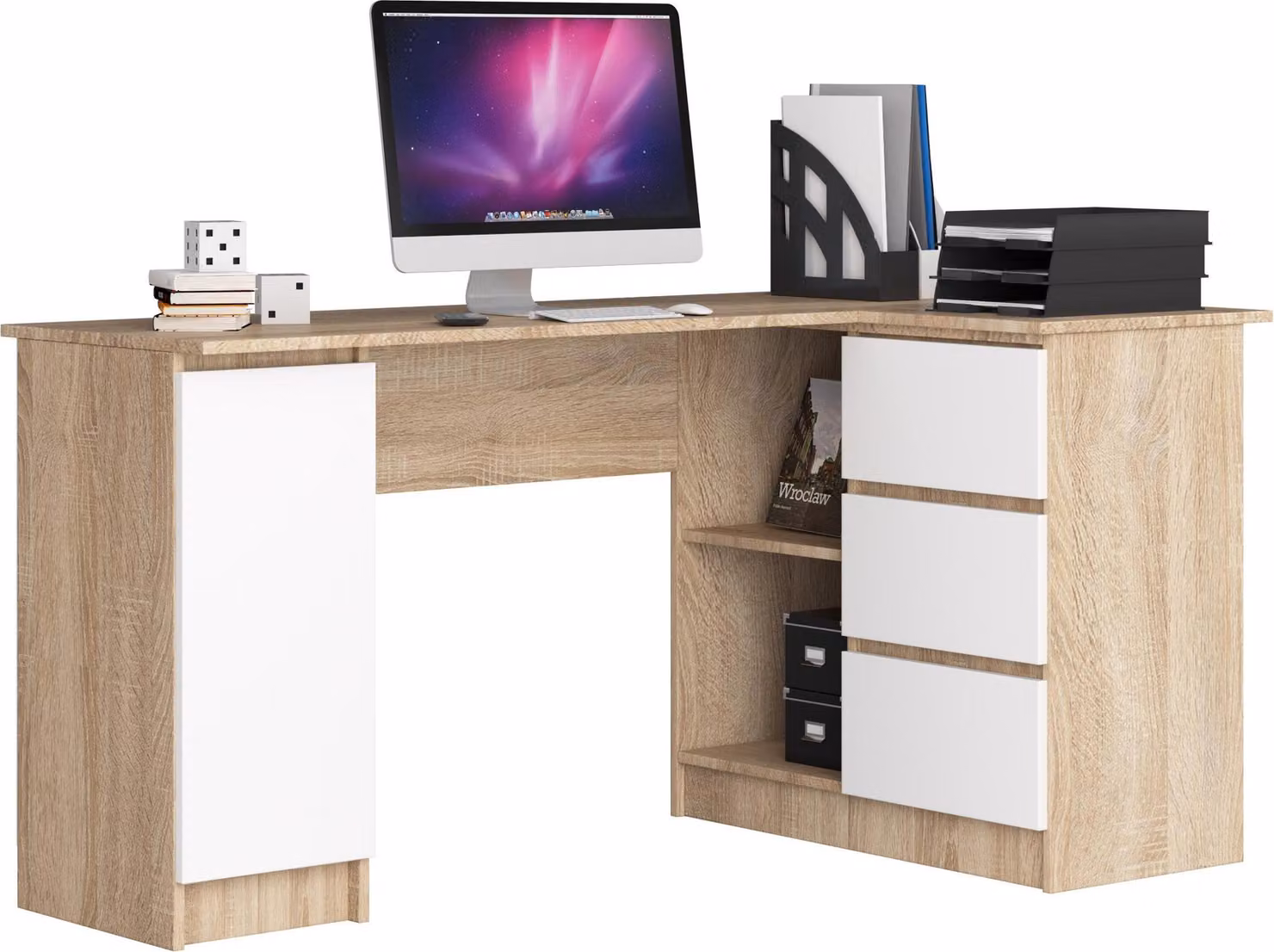 Akord Scrivania Angolare Con 3 Cassetti E 1 Anta Rovere Sonoma/Bianco 155X85X77