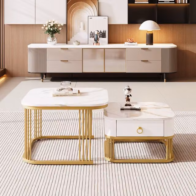 Set di Tavolini da Salotto Impilabili GL Store in Marmo Lucido Bianco con Dettagli Dorati e Cassetti, L/P/H: 60 x 60 x 45 cm e L/P/H: 50 x 50 x 34 cm – 1
