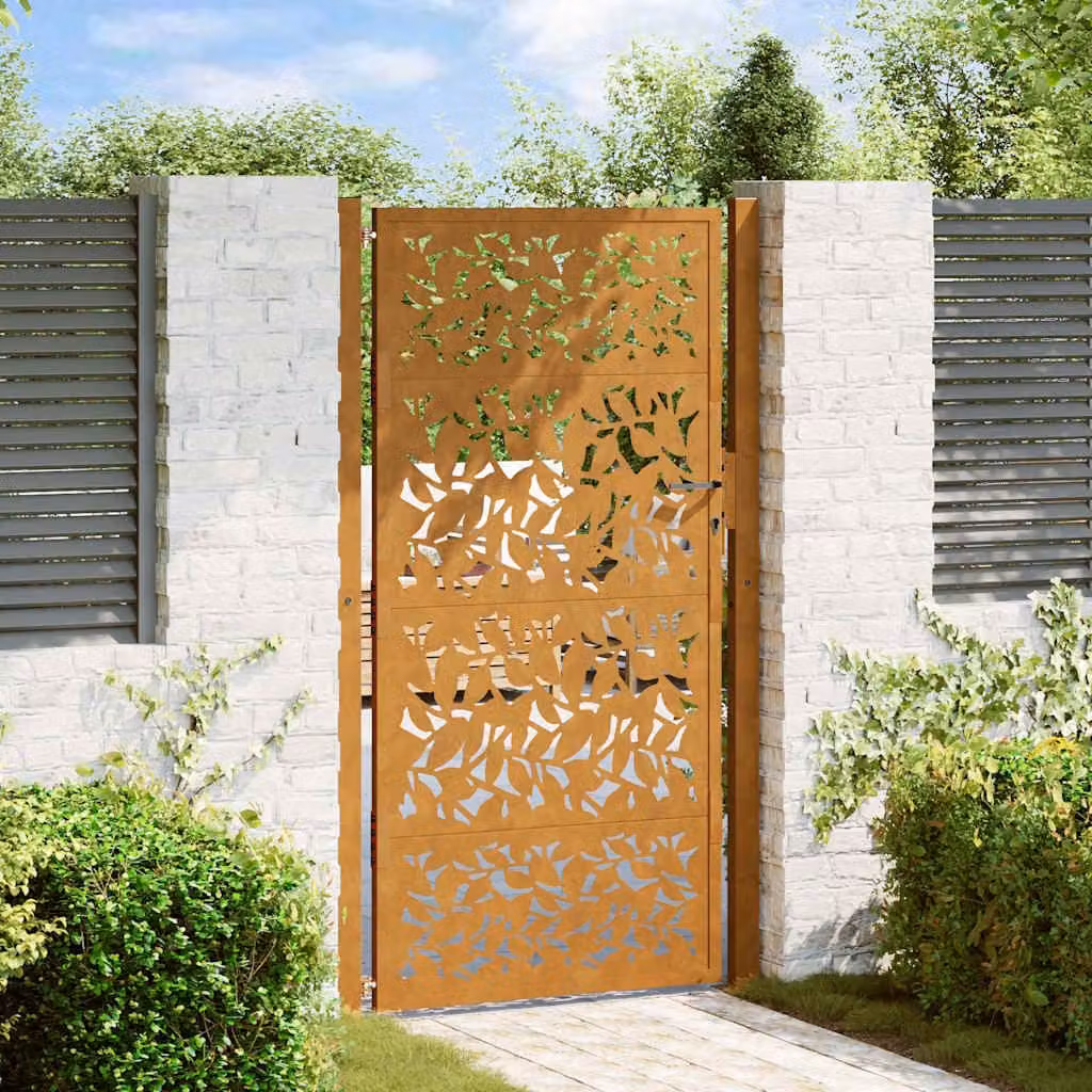 Cancello da giardino singolo vidaXL in acciaio corten marrone con design a foglia L: 205 cm, H: 110 cm