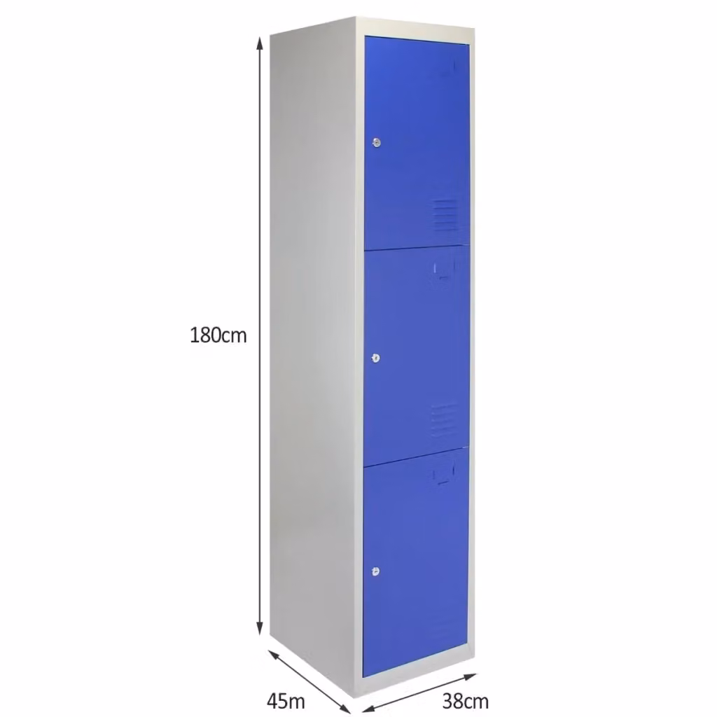 Set di 3 Armadietti in Metallo Monster Shop con 3 Ante a Battente, Colore Blu e Grigio, Ideali per Scuole e Palestre, H: 180 cm, L: 45 cm, P: 38 cm – 2