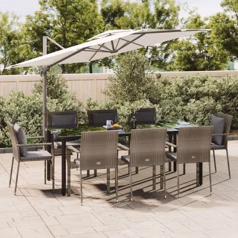 Set da pranzo da giardino vidaXL in polyrattan con cuscini, 9 pezzi, nero e grigio