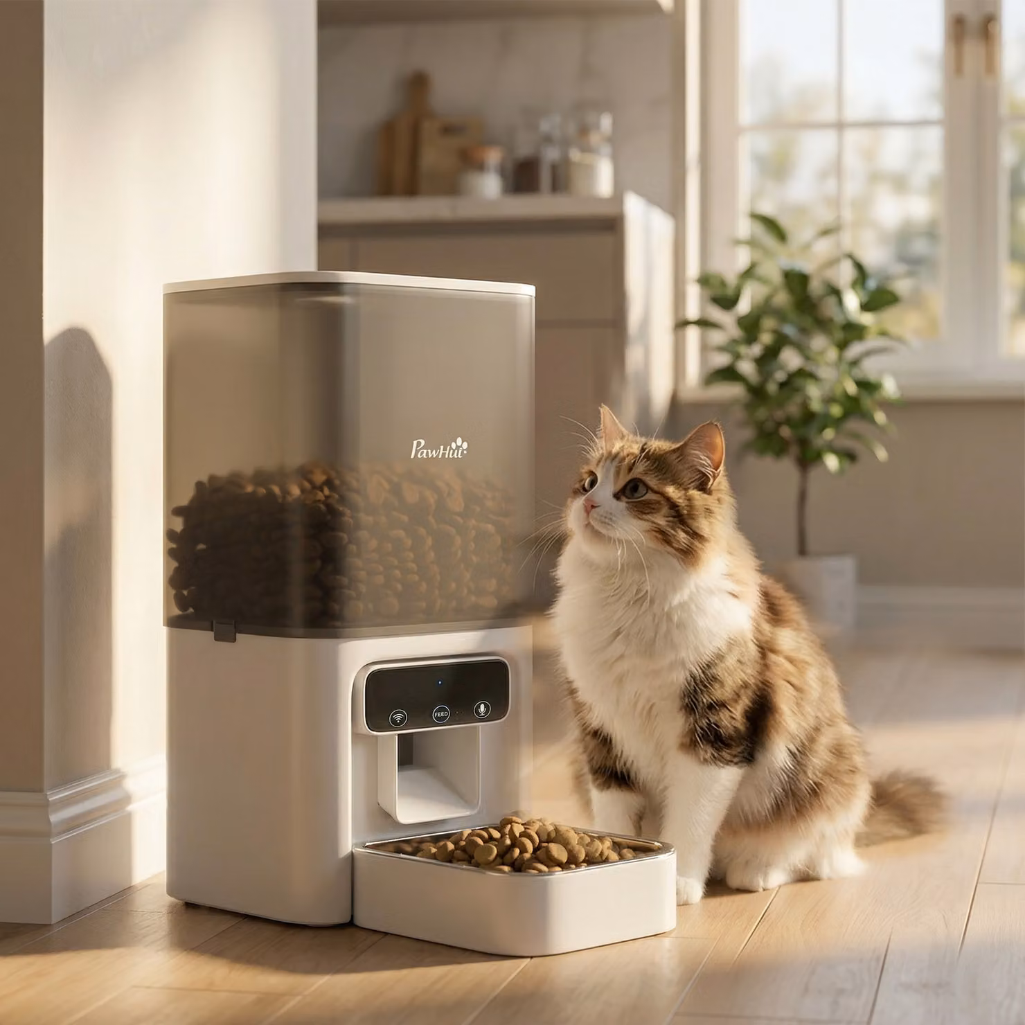Distributore Automatico di Cibo per Gatti PawHut con APP e Registratore Vocale, Bianco, 4,5 l – 2