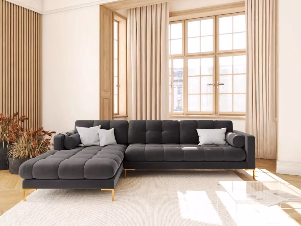 Divano angolare sinistro Bali Cosmopolitan Design in velluto grigio scuro con dettagli oro e struttura in metallo, 5 posti – 2