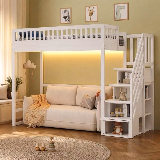 Letto a soppalco 90x200 cm con scala contenitore; LED e scala reversibile; bianco