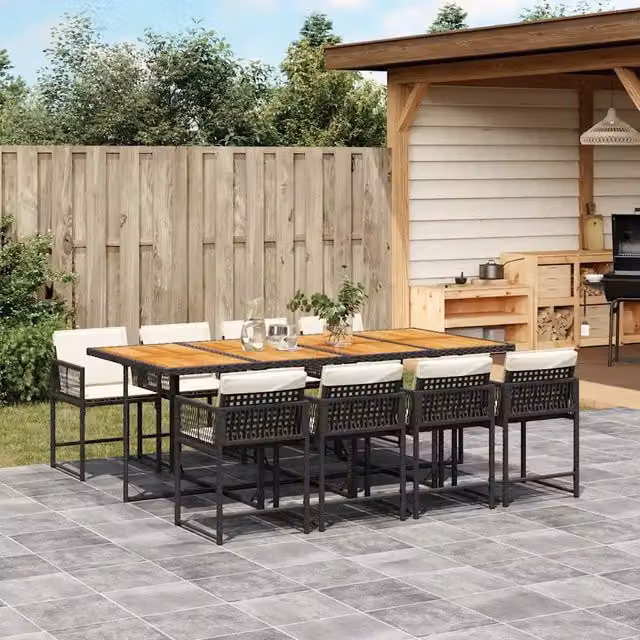 Set da pranzo da giardino vidaXL in polyrattan nero con cuscini e tavolo in legno di acacia per 9 persone – 1