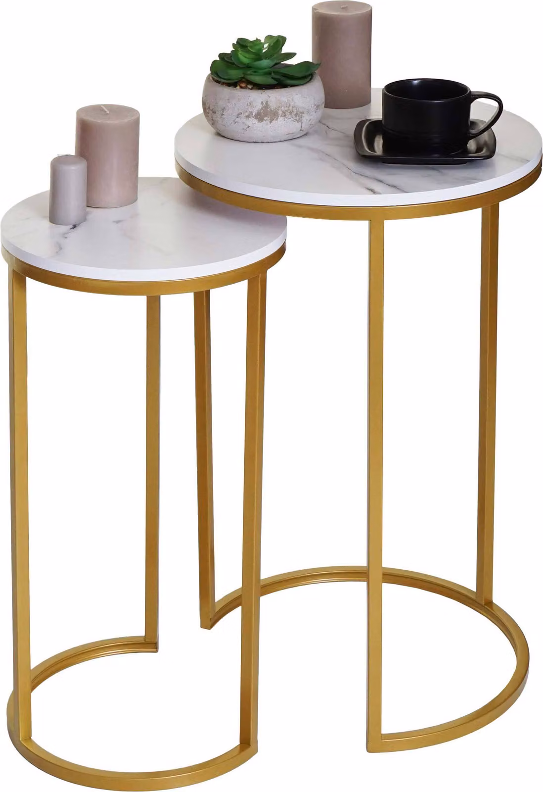 set di 2 tavolini HWC-K46, tavolino da caffè, tavolino da salotto, MDF effetto marmo ~ bianco-oro