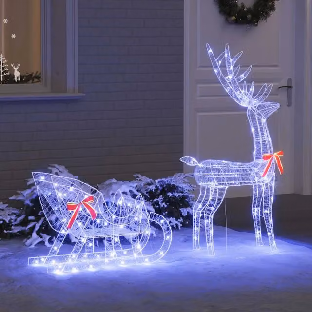 Slitta trainata da renna vidaXL blu con 200 LED, L: 70 cm, P: 24 cm, H: 128 cm