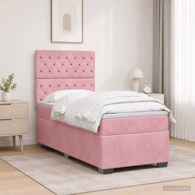 Letto box spring con materasso ibrido vidaXL in velluto rosa e bianco L/P/H: 200 x 100 x 76,5 cm