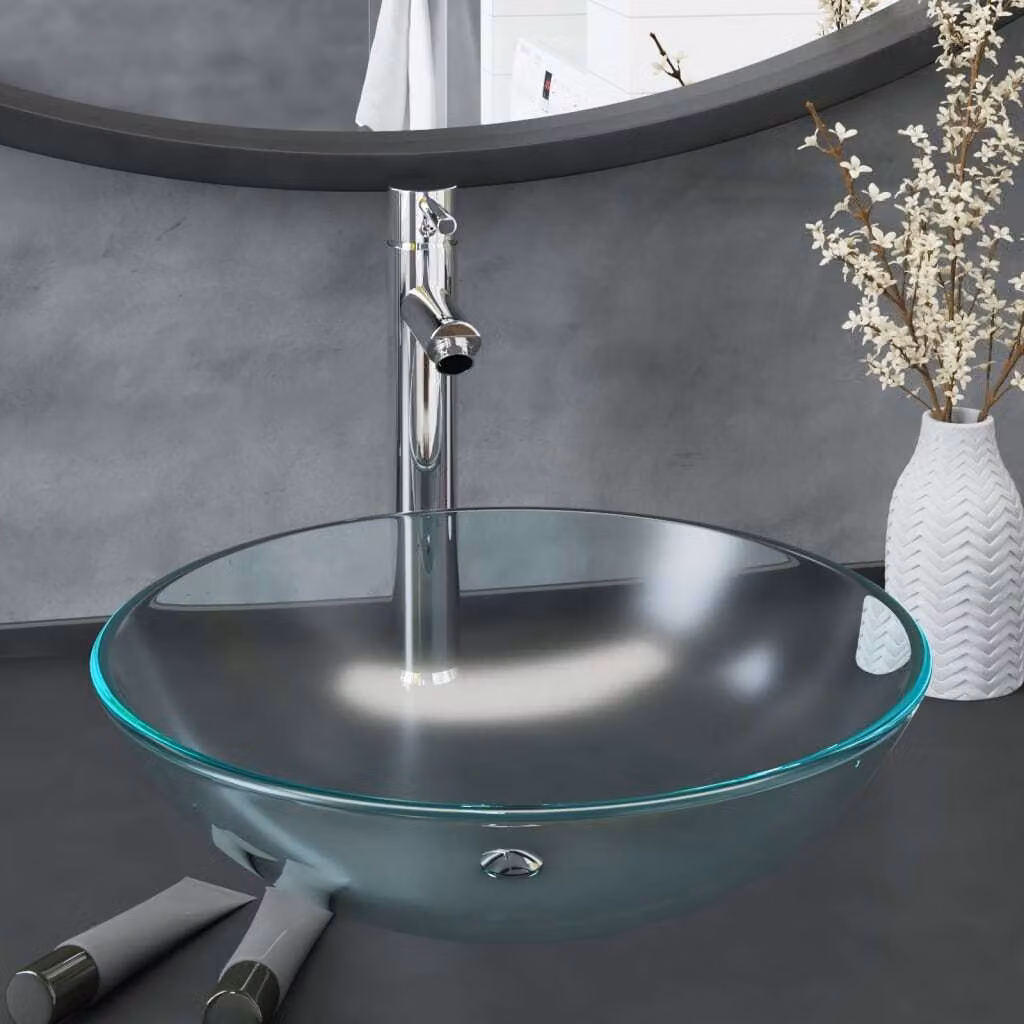 The Living Store Lavandino da bagno con rubinetto e piletta in vetro temperato smerigliato