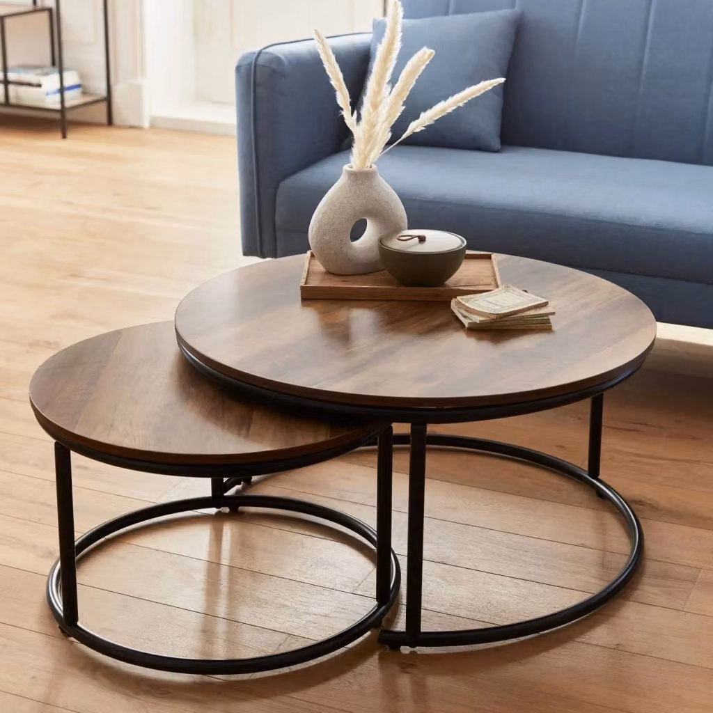 Set di 2 tavolini rotondi Sweeek in stile industrial con top in legno marrone e base in metallo nero – 2