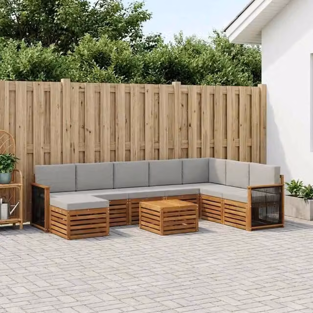 Set di divani da esterno a L vidaXL in legno di acacia con tavolo da caffè e pouf, beige e grigio – 1