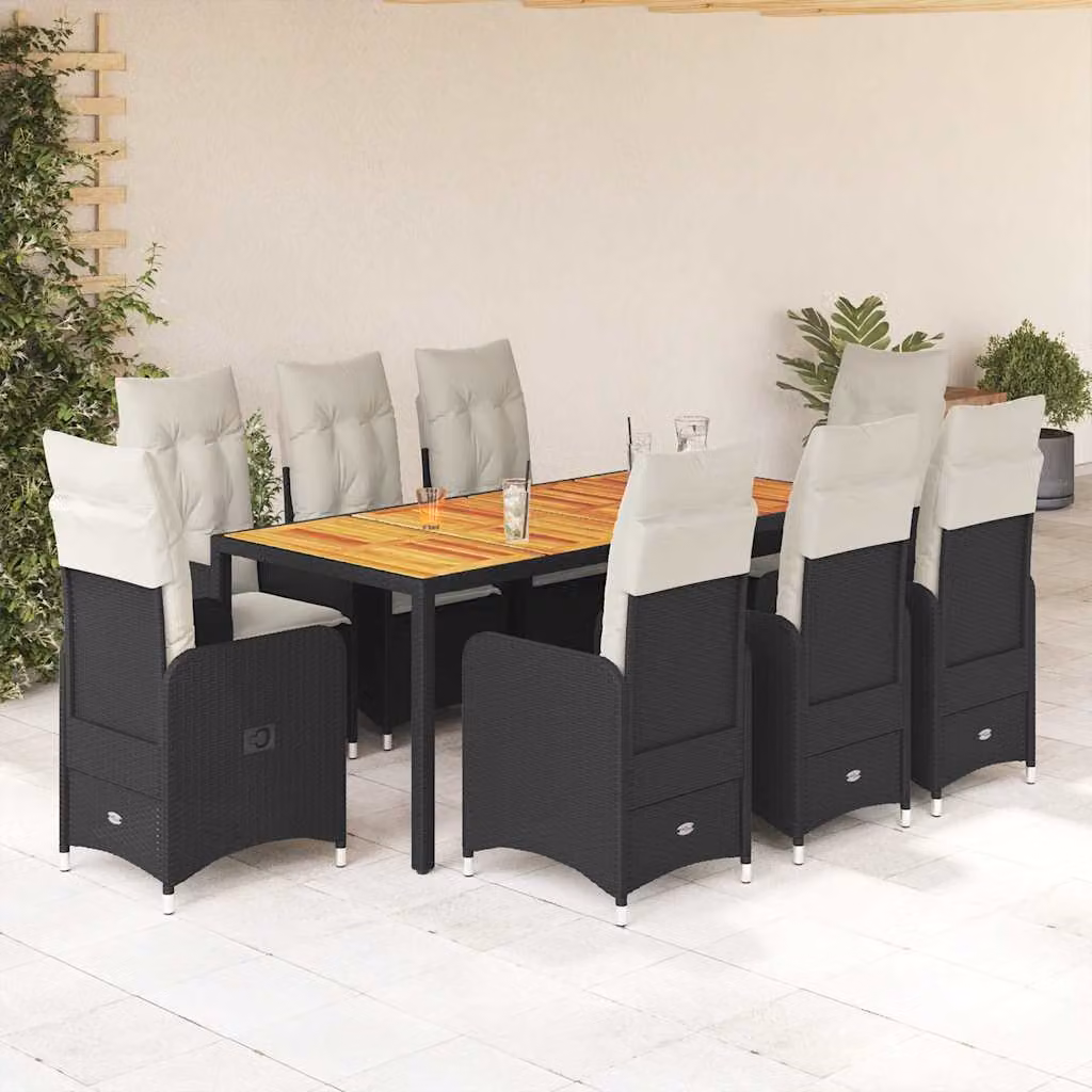Set Bistrò da Giardino vidaXL 9 pz in Polyrattan e Legno di Acacia Nero e Bianco – 1