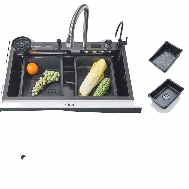 Lavello in acciaio inox, rubinetto multifunzione a cascata, display digitale, 75X45 D1