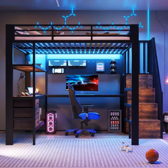 Letto a castello in metallo 140 x 200 cm con mensola, cassetto, pannello forato, tavolo, presa e luce LED, senza materasso - Nero