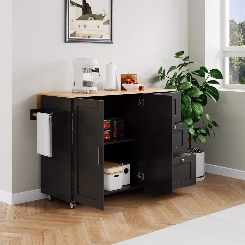 Carrello da cucina pieghevole OKWISH con 2 ante, 3 cassetti e portasciugamani, nero e naturale, L: 135 cm, P: 44 cm, H: 90 cm – 2