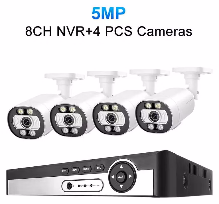 Sistema di telecamere di sicurezza CCTV a 8 canali, risoluzione 5MP, con rilevamento facciale tramite intelligenza artificiale e visione notturna, adatto per uso esterno