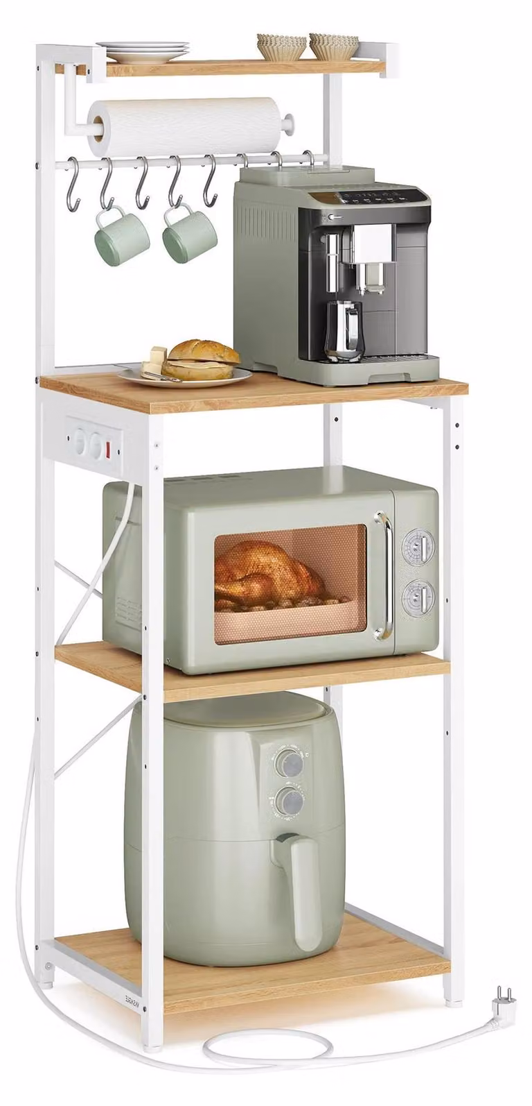 Ripiano/scaffale per cucina o panetteria con stazione di ricarica - KKS013. Ripiano per cucina - 4 livelli - 8 ganci - Struttura in metallo - 45x40x140 cm - Autoportante - Giallo