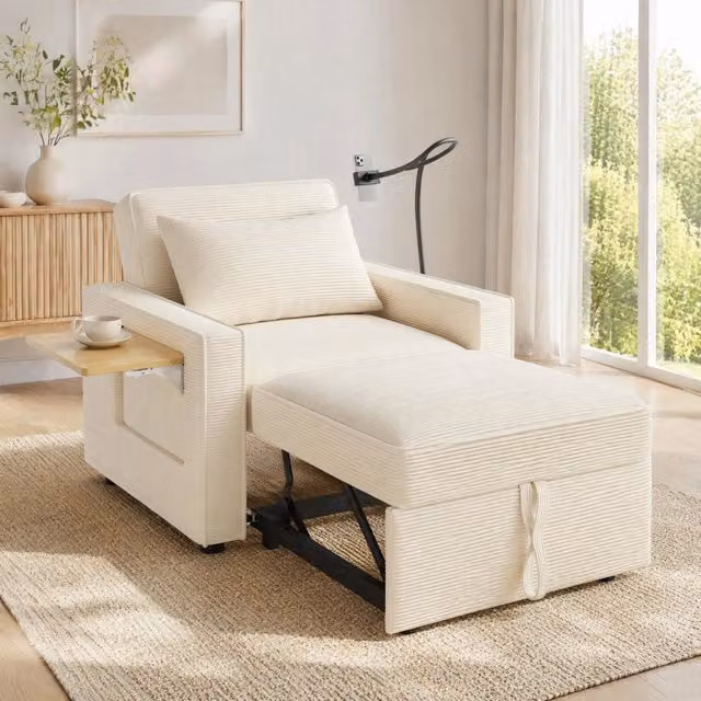 Divano letto 1 posto multifunzione 93x150x85 cm in tessuto corduroy beige con USB e Type-C