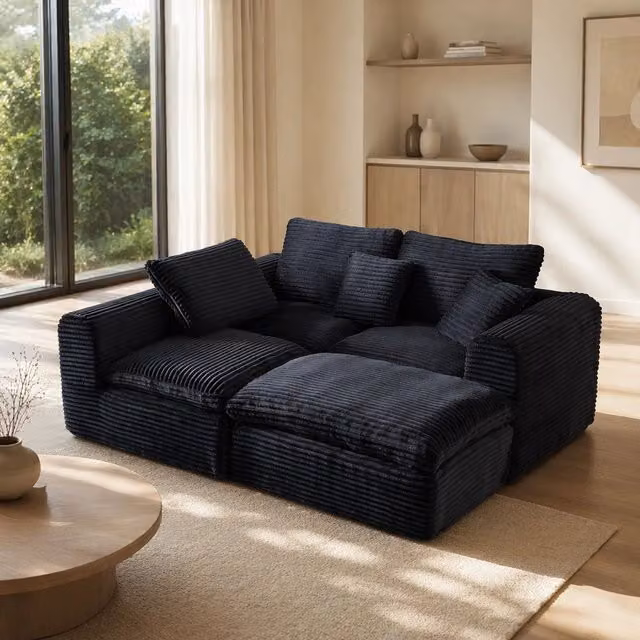 Divano modulare 3 in 1 con configurazione a L lineare e letto temporaneo con seduta profonda in velluto a coste nero e blu