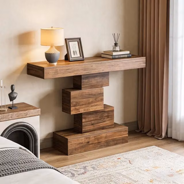 Tavolo consolle 108x30x80 cm con design geometrico in legno marrone scuro