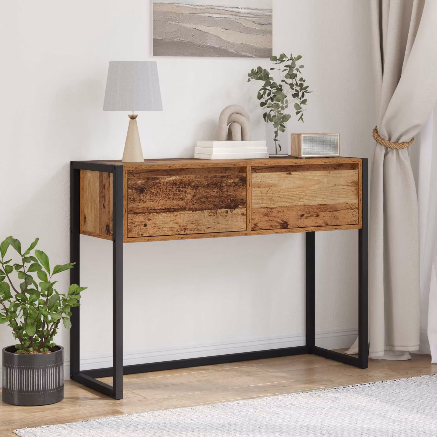 Tavolino vidaXL in stile industriale color marrone con piano in legno ingegnerizzato e struttura in metallo, L 100 x P 36 x H 75 cm