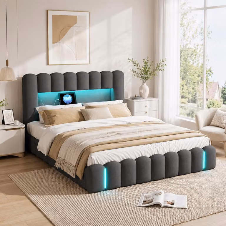 Letto imbottito INONEFT modello Bubble, dimensioni 180x200 cm, con spazio contenitore ad apertura idraulica, letto matrimoniale con illuminazione LED e prese USB, senza materasso, rivestito in lino, colore grigio