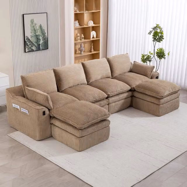 Divano modulare a 4 posti OKWISH in velluto a coste beige con pouf e cuscini coordinati, design moderno a L con orientamento sinistro, L/P/H: 335 x 167 x 85 cm