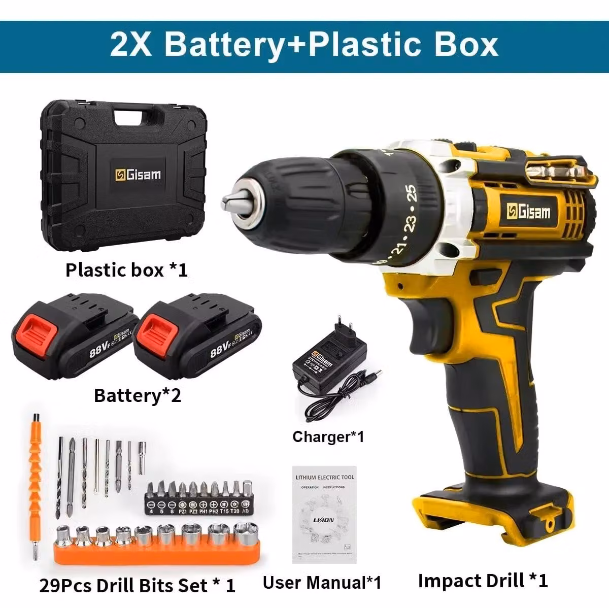 Trapano avvitatore a batteria senza fili - Trapano avvitatore a batteria da 21V - Coppia di serraggio di 28 Nm - 25+3 impostazioni di velocità - 1600 giri/min - Batteria agli ioni di litio inclusa - Contenitore in plastica giallo