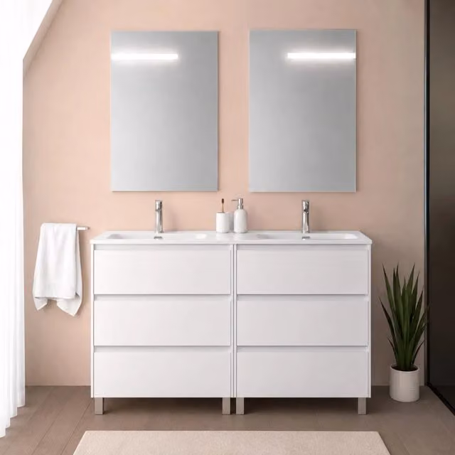 Mobile bagno a terra 120 cm bianco lucido sei cassetti e doppia vasca Gaya