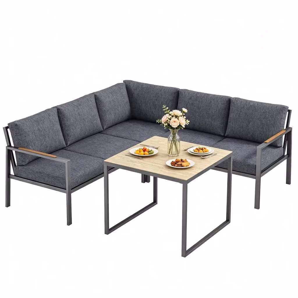 Set divani da giardino Minimal in polyrattan grigio con cuscini e tavolino da esterno – 2