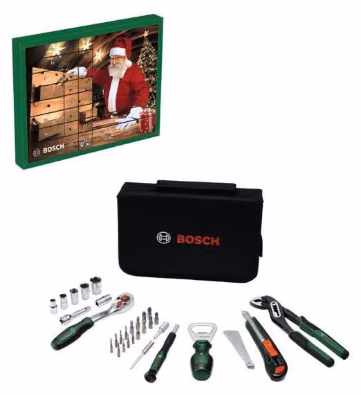 Calendario dell'Avvento 2026 Bosch con 43 pezzi di utensileria, inclusa una custodia con zip