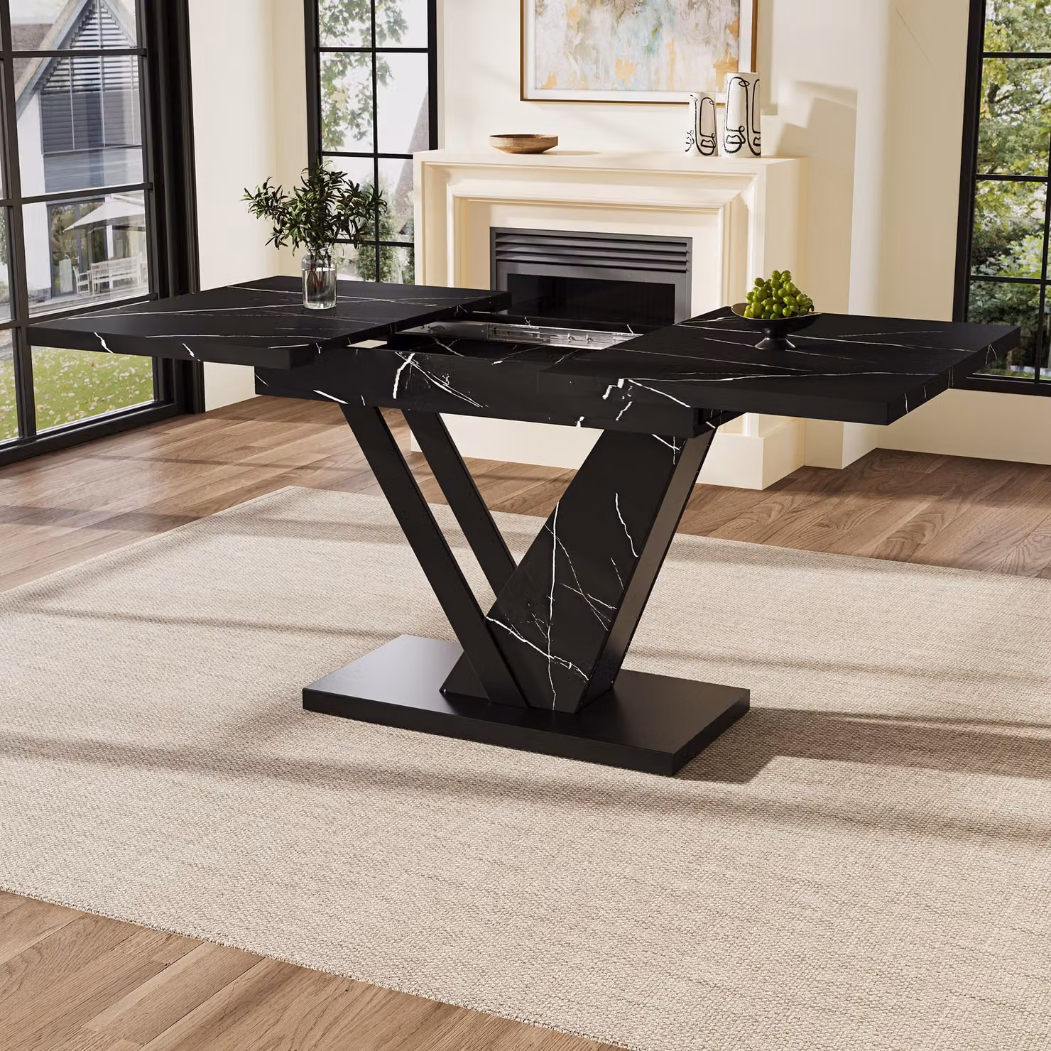 Tavolo da pranzo Sweiko telescopico (120-160x75cm), tavolo, tavolo da cucina, tavolo allungabile, allungabile fino a 120-160cm con l'aiuto di inserti interni, per cucina e soggiorno, tavolo da pranzo con motivo in marmo nero