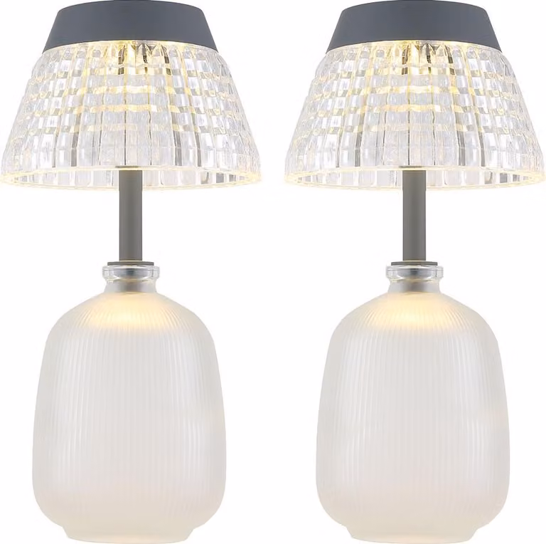 2 lampade solari a LED da tavolo, in vetro trasparente, con batteria integrata, altezza 27 cm