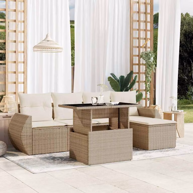 vidaXL Set Divano da Giardino a L 6 pz in Polyrattan Beige con Cuscini e Tavolino