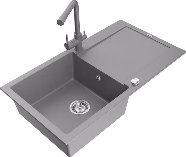 Mexen Leo lavello in granito a 1 vasca con scolapiatti e rubinetto da cucina Duero, grigio - 6501-71-671600-71