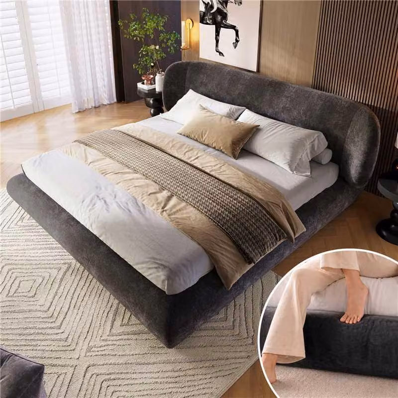 Letto matrimoniale MODFU 140x190 con materasso, letto imbottito con rivestimento in velluto, struttura letto per ragazzi con testiera imbottita e rete a listelli, colore grigio