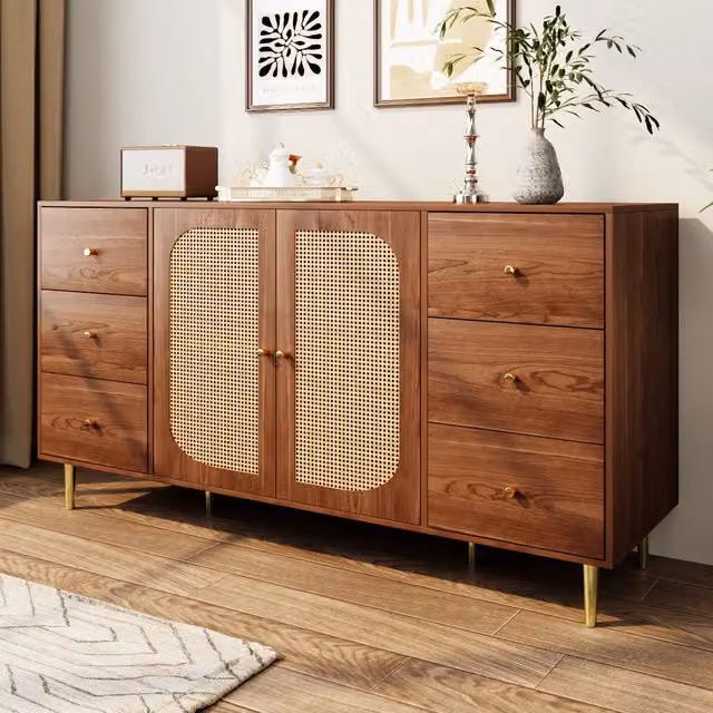 Sideboard in rattan con cassetto - Zephmum- 160x40x90 cm, marrone