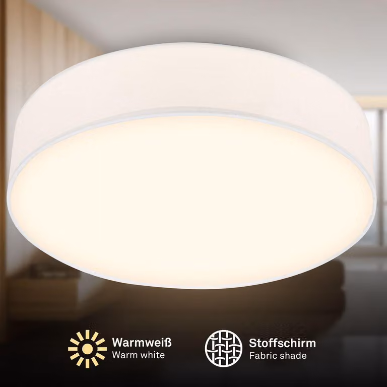 Briloner Plafoniera LED con paralume in tessuto Ø38x10,5 cm rotonda 24W 2600lm 3000K bianco caldo bianco - Lampada da soffitto soggiorno camera da letto cucina corridoio